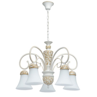 Люстра Mw light 639011405 Версаче Люстра Mw light 639011405 ВерсачеПодвесные<br>Выигрышное сочетание матового белого цвета и объемных золотых узоров подчеркивает неповторимый стиль люстры из коллекции Версаче и делает её настоящим украшением интерьера. Светильник окрашен в два слоя, декорирован элементами из искусственного каучука. Направленные вниз плафоны оригинальной формы, правильно подобранная цветовая гамма - все говорит об исключительной индивидуальности этого предмета интерьера. Стиль светильника – Country. Рекомендуемая площадь освещения – 15 кв.м.<br><br>Установка на натяжной потолок: Да<br>S освещ. до, м2: 15<br>Крепление: Крюк<br>Тип лампы: накаливания / энергосберегающая / светодиодная<br>Тип цоколя: E27<br>Количество ламп: 5<br>MAX мощность ламп, Вт: 60<br>Диаметр, мм мм: 610<br>Высота, мм: 770<br>Поверхность арматуры: матовый, глянцевый<br>Цвет арматуры: белый с золотистой патиной<br>Общая мощность, Вт: 300