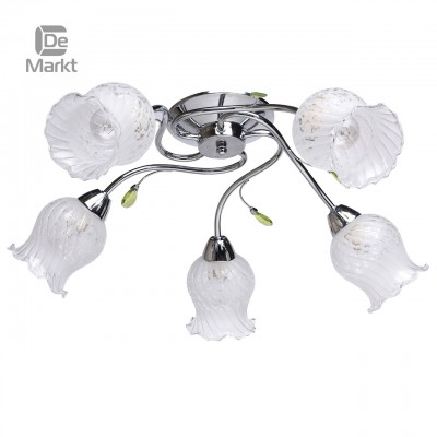 Люстра De markt 670010505 Флора Люстра De markt 670010505 ФлораПотолочные<br>Описание модели 670010505: Нежная и романтичная люстра из коллекции «Флора» привлекает своей изящностью. Металлическое основание цвета хрома отлично сочетается с цветовой гаммой плафонов, выполненных из стекла с ажурным бело-прозрачным растительным рисунком и украшенных фантазийной кромкой. Декоративные элементы из акрила трендового светло-зеленого оттенка напоминают изогнутые лепестки цветка. Такая люстра идеально подойдет для стандартных потолков. Рекомендуемая площадь освещения порядка 15 кв.м.<br><br>Установка на натяжной потолок: Ограничено<br>S освещ. до, м2: 15<br>Крепление: Планка<br>Тип лампы: Накаливания / энергосбережения / светодиодная<br>Тип цоколя: E14<br>Количество ламп: 5<br>MAX мощность ламп, Вт: 60<br>Диаметр, мм мм: 650<br>Высота, мм: 200<br>Цвет арматуры: серебристый