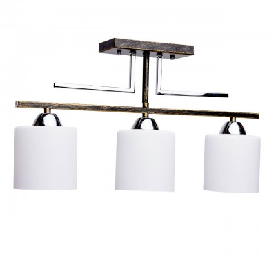 Люстра De markt 673010803 Тетро Люстра De markt 673010803 ТетроПотолочные<br>Описание модели 673010803: Элегантная и строгая люстра из коллекции «Тетро» украсит современный интерьер. Металлическое основание золотого оттенка с эффектом патинирования в цвет червонного золота гармонично смотрится в сочетании с декоративными элементами, выполненными из металла цвета хрома. Плафоны из белого матового стекла, как и вся люстра, выдержаны в минималистичном стиле. Данная модель отлично подходит для стандартных потолков. Площадь освещения порядка 15 кв.м.<br><br>Установка на натяжной потолок: Да<br>S освещ. до, м2: 9<br>Крепление: Планка<br>Тип лампы: Накаливания / энергосбережения / светодиодная<br>Тип цоколя: E27<br>Количество ламп: 3<br>Ширина, мм: 120<br>MAX мощность ламп, Вт: 60<br>Длина, мм: 540<br>Высота, мм: 310<br>Цвет арматуры: черный