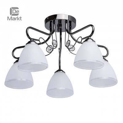 Люстра De markt 676010605 Нежность Люстра De markt 676010605 НежностьПотолочные<br>Описание модели 676010605: Металлическое основание цвета никель, декоративные завитки из металла. Капли декоративного стекла. Плафоны из матового белого стекла с металлизированным кантом. Идеальный вариантдля стандартных потолков.<br><br>Установка на натяжной потолок: Да<br>S освещ. до, м2: 15<br>Крепление: Планка<br>Тип цоколя: E27<br>Количество ламп: 5<br>MAX мощность ламп, Вт: 60<br>Диаметр, мм мм: 570<br>Высота, мм: 300