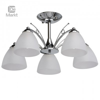 Люстра De markt 676011205 Нежность Люстра De markt 676011205 НежностьПотолочные<br>Описание модели 676011205: Минимум декора, сдержанный стиль, современный дизайн. Всё это относится к люстре из коллекции «Нежность». Основание из металла выполнено в двух цветовых вариациях: цвета никеля и хрома. Его удачно дополняют плафоны из матированного стекла, декорированные прозрачным геометрическим рисунком. Люстра идеальна для современного интерьера и прекрасно подходит для стандартных потолков. Рекомендуемая площадь освещения порядка 15 кв.м.<br><br>Установка на натяжной потолок: Да<br>S освещ. до, м2: 15<br>Крепление: Планка<br>Тип лампы: накаливания / энергосбережения / LED-светодиодная<br>Тип цоколя: E27<br>Цвет арматуры: серебристый<br>Количество ламп: 5<br>Диаметр, мм мм: 535<br>Высота, мм: 280<br>MAX мощность ламп, Вт: 60
