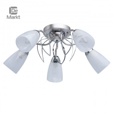 Люстра De markt 676011705 Нежность Люстра De markt 676011705 НежностьПотолочные<br>Описание модели 676011705: Люстра из коллекции «Нежность» привнесет в обстановку комнаты легкость и свежесть. Основание из металла окрашено в цвет перламутрового серебра, подстать ему – декоративные металлические элементы оттенка хрома. Композицию дополняют прозрачные стеклянные плафоны с белым фантазийным рисунком. Люстра «Нежность» - идеальное решение для современного интерьера.<br><br>Установка на натяжной потолок: Ограничено<br>S освещ. до, м2: 15<br>Крепление: Планка<br>Тип цоколя: E14<br>Количество ламп: 5<br>MAX мощность ламп, Вт: 60<br>Диаметр, мм мм: 580<br>Высота, мм: 220