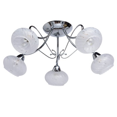 Люстра De markt 677010105 Грация Люстра De markt 677010105 ГрацияПотолочные<br>Люстра из коллекции «Грация» сочетает в себе универсальную цветовую гамму и традиционные формы, вместе с тем она по-своему оригинальна. Основание из металла выполнено в двух цветовых вариациях: цвета хрома и никеля. Мягкие изгибы рожков гармонируют с округлой формой стеклянных плафонов и придают композицию изящность и завершенность. Помимо этого плафоны из матированного стекла украшены прозрачным абстрактным рисунком и рифленым краем. Площадь освещения порядка 15 кв.м<br><br>Установка на натяжной потолок: Да<br>S освещ. до, м2: 15<br>Крепление: Планка<br>Тип лампы: Накаливания / энергосбережения / светодиодная<br>Тип цоколя: E14<br>Количество ламп: 5<br>MAX мощность ламп, Вт: 60<br>Диаметр, мм мм: 600<br>Высота, мм: 250<br>Цвет арматуры: серебристый