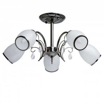 Люстра De markt 677010605 Грация Люстра De markt 677010605 ГрацияПотолочные<br>Описание модели 677010605: Люстра из коллекции «Грация» - стильный светильник по демократичной цене. В зависимости от цветового оформления комнаты можно выбрать один из трех вариантов металлического основания: хром, никель или французское золото. Кант на плафоне, в тон основанию, выгодно подчеркнет его строгий минималистичный стиль. Глянцево-белый цвет плафонов освежит обстановку комнаты, а декоративные элементы в виде металлических завитков и хрусталя привнесут легкость и романтичность. Люстра подходит для стандартных потолков и имеет высокие параметры освещенности порядка 15 кв.м.<br><br>Установка на натяжной потолок: Да<br>S освещ. до, м2: 15<br>Крепление: Планка<br>Тип лампы: Накаливания / энергосбережения / светодиодная<br>Тип цоколя: E27<br>Цвет арматуры: черный<br>Количество ламп: 5<br>Диаметр, мм мм: 500<br>Высота, мм: 250<br>MAX мощность ламп, Вт: 60
