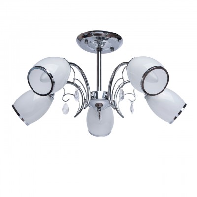 Люстра De markt 677010705 Грация Люстра De markt 677010705 ГрацияПотолочные<br>Описание модели 677010705: Люстра из коллекции «Грация» - стильный светильник по демократичной цене. В зависимости от цветового оформления комнаты можно выбрать один из трех вариантов металлического основания: хром, никель или французское золото. Кант на плафоне, в тон основанию, выгодно подчеркнет его строгий минималистичный стиль. Глянцево-белый цвет плафонов освежит обстановку комнаты, а декоративные элементы в виде металлических завитков и хрусталя привнесут легкость и романтичность. Люстра подходит для стандартных потолков и имеет высокие параметры освещенности порядка 15 кв.м.<br><br>Установка на натяжной потолок: Да<br>S освещ. до, м2: 15<br>Крепление: Планка<br>Тип лампы: Накаливания / энергосбережения / светодиодная<br>Тип цоколя: E27<br>Количество ламп: 5<br>MAX мощность ламп, Вт: 60<br>Диаметр, мм мм: 500<br>Высота, мм: 250<br>Цвет арматуры: серебристый