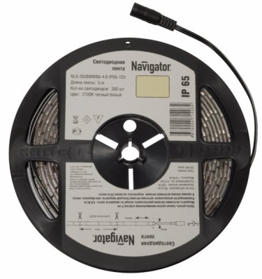 СД Лента Navigator 71 405 NLS-3528G60-4.8-IP65-12V R5 СД Лента Navigator 71 405 NLS-3528G60-4.8-IP65-12V R5Лента 3528<br>Navigator NLS-3528 — светодиодная лента, сконструированная на базе высокоэффективных планарных светодиодов Epistar в корпусе 3528. Лента выпускается на гибкой печатной плате белого цвета шириной 8 мм и поставляется в роллах по 5 м. Каждый ролл с лентой NLS-3528- 4.8 укомплектован проводом с разъемомом «джек». Эффективность светодиодной ленты белого света серии NLS-3528 составляет более 60 лм/ Вт. Ассортимент светодиодных лент Navigator NLS-3528 представлен мощностями 4.8 и 9.6 Вт на 1 метр. СД лента NLS-3528 представлена в холодном белом 4000К, теплом белом 2700К, зеленом, синем, красном и желтом цветах. Лента в белом цвете представлена с классами защиты от пыли и влаги IP20 и IP65. Цветная лента представлена в классе IP65. Срок службы светодиодной ленты NLS-3528 составляет 50 000 часов. Напряжение питания 12 В DC.<br><br>Тип лампы: LED - светодиодная<br>Количество ламп: 60LED шт/м<br>MAX мощность ламп, Вт: 4,8