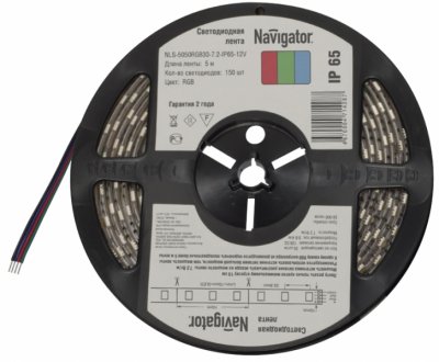 СД Лента Navigator 71 429 NLS-5050RGB60-14.4-IP65-12V R5 СД Лента Navigator 71 429 NLS-5050RGB60-14.4-IP65-12V R5Лента RGB<br>Navigator NLS-RGB многоцветная светодиодная лента, сконструированная на базе высокоэффективных планарных светодиодов Epistar в корпусе 5050. Лента выпускается на гибкой печатной плате белого цвета шириной 10 мм и поставляется в роллах по 5 м. Ассортимент светодиодных лент Navigator NLS-RGB представлен мощностями 7.2 и 14.4 Вт на 1 метр. Для получения статических и динамических сцен при применении СД лент NLS-RGB необходимо использовать RGB контроллеры Navigator. С помощью данных контроллеров возможно получить до 16 различных цветов в статическом режиме и до 14 динамических сцен. Вся СД Лента NLS-RGB представлена с классом защиты от пыли и влаги IP65. Срок службы светодиодной ленты NLS-RGB составляет 50 000 часов. Напряжение питания 12 В DC.<br><br>Цветовая t, К: RGB - многоцветный<br>Тип лампы: LED - светодиодная<br>Количество ламп: 60LED шт/м<br>MAX мощность ламп, Вт: 14,4