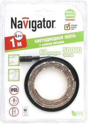 СД Лента Navigator 71 430 NLSD-3528WW60-4.8-IP20-12V-1м-BP СД Лента Navigator 71 430 NLSD-3528WW60-4.8-IP20-12V-1м-BPЛента 3528<br>Navigator NLSD – готовое решение в виде комплекта светодиодной ленты и драйвера с выключателем. Комплекты упакованы в яркий информативный блистер, позволяющий выгодно разместить продукт на полках в розничных точках продаж. Комплекты поставляются с лентой в отрезках 1 или 2,5 м, температурой излучаемого света 2700 К и степенью защиты от влаги и пыли IP20 или IP65.<br><br>Цветовая t, К: WW - теплый белый 2700-3000 К<br>Тип лампы: LED - светодиодная<br>Количество ламп: 60LED шт/м<br>MAX мощность ламп, Вт: 4,8<br>Длина, мм: 1000
