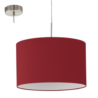 Eglo PASTERI 94901 Текстильный подвес Eglo PASTERI 94901 Текстильный подвесОдиночные<br>Подвес PASTERI, 1х60W (E27), ?380, никель матовый/текстиль, марсала применяется преимущественно в домашнем освещении с использованием стандартных выключателей и переключателей для сетей 220V.<br><br>Тип товара: Текстильный подвес<br>Тип цоколя: E27<br>Количество ламп: 1<br>MAX мощность ламп, Вт: 60<br>Диаметр, мм мм: 380<br>Высота, мм: 1100<br>Цвет арматуры: серебристый никель