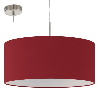 Eglo PASTERI 94902 Текстильный подвес Eglo PASTERI 94902 Текстильный подвесОдиночные<br>Подвес PASTERI, 1х60W (E27), ?530, никель матовый/текстиль, марсала применяется преимущественно в домашнем освещении с использованием стандартных выключателей и переключателей для сетей 220V.<br><br>S освещ. до, м2: 3<br>Тип цоколя: E27<br>Количество ламп: 1<br>MAX мощность ламп, Вт: 60<br>Диаметр, мм мм: 530<br>Высота, мм: 1100<br>Цвет арматуры: серебристый никель