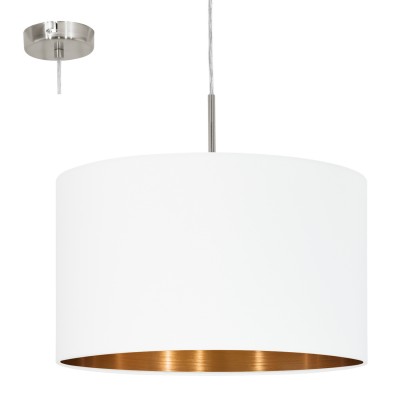 Eglo PASTERI 95044 Текстильный подвес Eglo PASTERI 95044 Текстильный подвесОдиночные<br>Подвес PASTERI, 1х60W (E27), ?380, никель матовый/текстиль, белый, медный применяется преимущественно в домашнем освещении с использованием стандартных выключателей и переключателей для сетей 220V.<br><br>Тип цоколя: E27<br>Количество ламп: 1<br>MAX мощность ламп, Вт: 60<br>Диаметр, мм мм: 380<br>Высота, мм: 1100<br>Цвет арматуры: серебристый никель