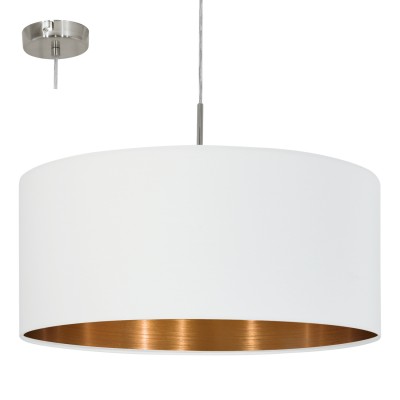 Eglo PASTERI 95045 Текстильный подвес Eglo PASTERI 95045 Текстильный подвесОдиночные<br>Подвес PASTERI, 1х60W (E27), ?530, никель матовый/текстиль, белый, медный применяется преимущественно в домашнем освещении с использованием стандартных выключателей и переключателей для сетей 220V.<br><br>Тип цоколя: E27<br>Количество ламп: 1<br>MAX мощность ламп, Вт: 60<br>Диаметр, мм мм: 530<br>Высота, мм: 1100<br>Цвет арматуры: серебристый никель