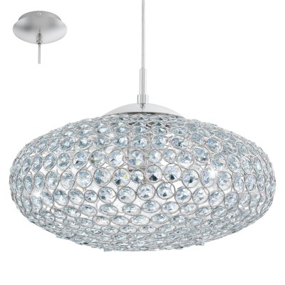 Eglo CLEMENTE 95286 Подвесной светильник Eglo CLEMENTE 95286 Подвесной светильникОдиночные<br>Подвес CLEMENTE, 1х60W (E27), ?350, cталь, хром/хрусталь, прозрачный применяется преимущественно в домашнем освещении с использованием стандартных выключателей и переключателей для сетей 220V.<br><br>Тип цоколя: E27<br>Количество ламп: 1<br>MAX мощность ламп, Вт: 60<br>Диаметр, мм мм: 350<br>Высота, мм: 1100<br>Цвет арматуры: серебристый хром