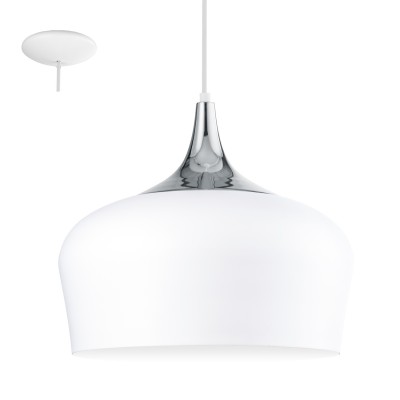 Eglo OBREGON 95384 Подвесной светильник Eglo OBREGON 95384 Подвесной светильникОдиночные<br>Подвес OBREGON, 1х60W(E27), ?350, сталь, белый, хром применяется преимущественно в домашнем освещении с использованием стандартных выключателей и переключателей для сетей 220V.<br><br>S освещ. до, м2: 3<br>Тип цоколя: E27<br>Количество ламп: 1<br>MAX мощность ламп, Вт: 60<br>Диаметр, мм мм: 350<br>Высота, мм: 1100<br>Цвет арматуры: белый, хром