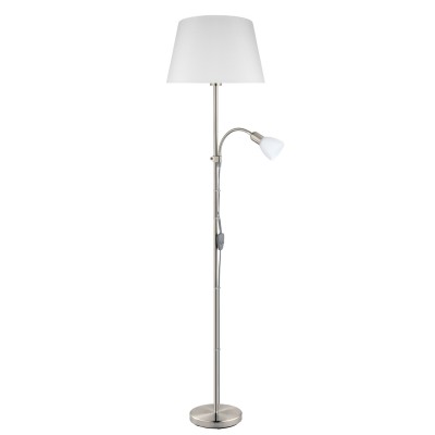 Eglo CONESA 95686 Напольный торшер Eglo CONESA 95686 Напольный торшерСовременные<br>Торшер CONESA c ламп. для чтен., 1х60W(E27), 1х40W(E14), ?380, H1700, cталь, никель мат./текстиль, стекло, белый применяется преимущественно в домашнем освещении с использованием стандартных выключателей и переключателей для сетей 220V.<br><br>Тип цоколя: E27<br>Цвет арматуры: серебристый<br>Количество ламп: 1<br>Диаметр, мм мм: 380<br>Высота, мм: 1700<br>MAX мощность ламп, Вт: 60