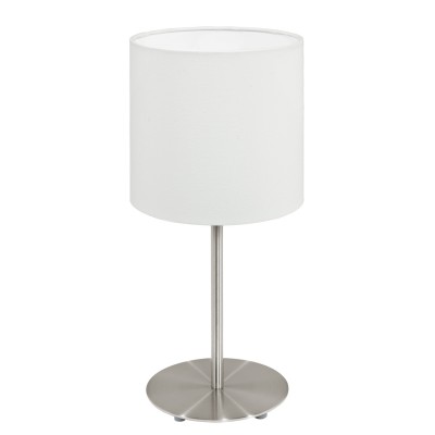 Eglo PASTERI 95725 Текстильный светильник Eglo PASTERI 95725 Текстильный светильникСовременные<br>Настольная лампа PASTERI, 1х60W(E14), ?140, H275, никель матовый/текстиль, белый применяется преимущественно в домашнем освещении с использованием стандартных выключателей и переключателей для сетей 220V.<br><br>Тип цоколя: E14<br>Цвет арматуры: серебристый<br>Количество ламп: 1<br>Диаметр, мм мм: 140<br>Высота, мм: 275<br>MAX мощность ламп, Вт: 40