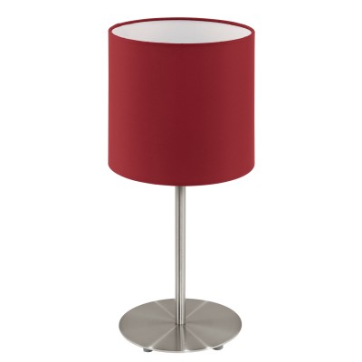 Eglo PASTERI 95731 Текстильный светильник Eglo PASTERI 95731 Текстильный светильникСовременные<br>Настольная лампа PASTERI, 1х60W(E14), ?140, H275, никель матовый/текстиль, марсала применяется преимущественно в домашнем освещении с использованием стандартных выключателей и переключателей для сетей 220V.<br><br>Тип цоколя: E14<br>Количество ламп: 1<br>MAX мощность ламп, Вт: 40<br>Диаметр, мм мм: 140<br>Высота, мм: 275<br>Цвет арматуры: серебристый никель