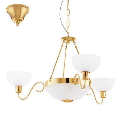 Eglo SAVOY 1 95915 Люстра Eglo SAVOY 1 95915 ЛюстраПодвесные<br>Люстра SAVOY 1, 5х60W(E27), ?875, сталь, латунь/сатиновое стекло, белый применяется преимущественно в домашнем освещении с использованием стандартных выключателей и переключателей для сетей 220V.<br><br>S освещ. до, м2: 15<br>Тип лампы: Накаливания / энергосбережения / светодиодная<br>Тип цоколя: E27<br>Количество ламп: 5<br>MAX мощность ламп, Вт: 60<br>Диаметр, мм мм: 875<br>Высота, мм: 1100<br>Цвет арматуры: латунь
