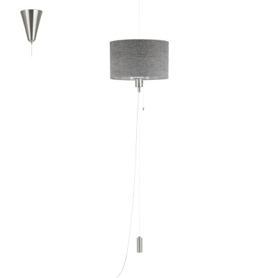 Eglo ROMANO 1 96156 Текстильный подвес Eglo ROMANO 1 96156 Текстильный подвесОдиночные<br>Подвес ROMANO 1 с рег. высоты и шнур. выкл., 1х60W(E27), ?350, H350-1500, сталь, ник. мат., хром/текстиль, лен, серый применяется преимущественно в домашнем освещении с использованием стандартных выключателей и переключателей для сетей 220V.<br><br>Тип цоколя: E27<br>Количество ламп: 1<br>MAX мощность ламп, Вт: 60<br>Диаметр, мм мм: 350<br>Высота, мм: 1500<br>Цвет арматуры: серебристый никель
