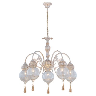 Светильник Arte lamp A2145LM-5GA Ramses Светильник Arte lamp A2145LM-5GA RamsesПодвесные<br>Компания «Светодом» предлагает широкий ассортимент люстр от известных производителей. Представленные в нашем каталоге товары выполнены из современных материалов и обладают отличным качеством. Благодаря широкому ассортименту Вы сможете найти у нас люстру под любой интерьер. Мы предлагаем как классические варианты, так и современные модели, отличающиеся лаконичностью и простотой форм. Стильная люстра Arte lamp A2145LM-5GA станет украшением любого дома. Эта модель от известного производителя не оставит равнодушным ценителей красивых и оригинальных предметов интерьера. Люстра Arte lamp A2145LM-5GA обеспечит равномерное распределение света по всей комнате. При выборе обратите внимание на характеристики, позволяющие приобрести наиболее подходящую модель. Купить понравившуюся люстру по доступной цене Вы можете в интернет-магазине «Светодом». Мы предлагаем доставку не только по Москве и Екатеринбурге, но и по всей России.<br><br>Установка на натяжной потолок: Да<br>S освещ. до, м2: 10<br>Крепление: Крюк<br>Тип лампы: накал-я - энергосбер-я<br>Тип цоколя: E14<br>Количество ламп: 5<br>MAX мощность ламп, Вт: 40<br>Диаметр, мм мм: 700<br>Высота, мм: 650<br>Цвет арматуры: белый с золотистой патиной