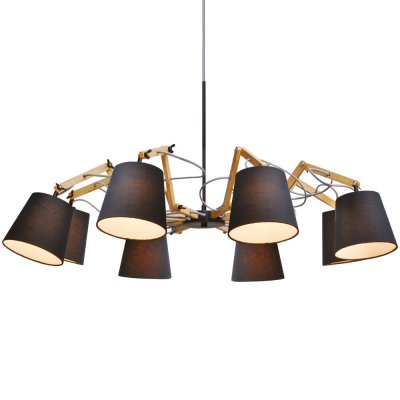 Подвесная люстра Arte lamp A5700LM-8BK Pinoccio Подвесная люстра Arte lamp A5700LM-8BK PinoccioПоворотные<br>Компания «Светодом» предлагает широкий ассортимент люстр от известных производителей. Представленные в нашем каталоге товары выполнены из современных материалов и обладают отличным качеством. Благодаря широкому ассортименту Вы сможете найти у нас люстру под любой интерьер. Мы предлагаем как классические варианты, так и современные модели, отличающиеся лаконичностью и простотой форм. Стильная люстра Arte lamp A5700LM-8BK станет украшением любого дома. Эта модель от известного производителя не оставит равнодушным ценителей красивых и оригинальных предметов интерьера. Люстра Arte lamp A5700LM-8BK обеспечит равномерное распределение света по всей комнате. При выборе обратите внимание на характеристики, позволяющие приобрести наиболее подходящую модель. Купить понравившуюся люстру по доступной цене Вы можете в интернет-магазине «Светодом».<br><br>Установка на натяжной потолок: Да<br>S освещ. до, м2: 16<br>Крепление: Планка<br>Тип лампы: накаливания / энергосбережения / LED-светодиодная<br>Тип цоколя: E14<br>Количество ламп: 8<br>MAX мощность ламп, Вт: 40<br>Диаметр, мм мм: 950<br>Длина цепи/провода, мм: 640<br>Высота, мм: 560<br>Оттенок (цвет): коричневый<br>Цвет арматуры: черный