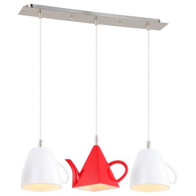 Светильник Arte lamp A6605SP-3WH CAFFETTERIA Светильник Arte lamp A6605SP-3WH CAFFETTERIAТройные<br>Светильник в виде красного чайника и белых чашек - оригинальное решение для установки в обеденной зоне<br><br>S освещ. до, м2: 6<br>Тип лампы: Накаливания / энергосбережения / светодиодная<br>Тип цоколя: E14<br>Количество ламп: 3<br>Ширина, мм: 150<br>Длина, мм: 670<br>Высота, мм: 210<br>MAX мощность ламп, Вт: 40