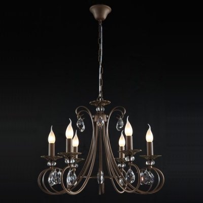 Люстра Maytoni ARM280-06-R Elegant 10 Люстра Maytoni ARM280-06-R Elegant 10Подвесные<br>Роскошные внешние особенности хрустальной люстры, сделанной мастерами немецкой фирмы Майтони, позволят вам качественно и со вкусом украсить любую из комнат вашего дома, оплатив при этом соразмерную цену. Посмотрите на фото хрустальной люстры Maytoni Elegant ARM280-06-R внимательнее, и вы заметите, насколько оригинальным может быть сочетание темного металлического каркаса цвета бронзы и крупных неокрашенных подвесок из хрусталя. Что касается плафонов, то их дизайнеры Maytoni сделали в форме высоких свечей на ветру, каждая из которых предполагает подключение лампочки с цоколем Е14, которые в количестве шести штук нужно будет купить дополнительно, так как они не вошли в стоимость прибора.<br><br>Установка на натяжной потолок: Да<br>S освещ. до, м2: 24<br>Крепление: Крюк<br>Тип лампы: накаливания / энергосбережения / LED-светодиодная<br>Тип цоколя: E14<br>Количество ламп: 6<br>MAX мощность ламп, Вт: 60<br>Диаметр, мм мм: 610<br>Длина цепи/провода, мм: 400<br>Высота, мм: 490<br>Цвет арматуры: коричневый