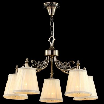 Люстра Maytoni ARM331-05-R Elegant 9 Люстра Maytoni ARM331-05-R Elegant 9Подвесные<br>Новая подвесная люстра Maytoni Elegant ARM331-05-R, выпущенная в рамках коллекции Elegant немецким брендом Майтони, отличается соединением в своей конструкции пяти классических белых плафонов, сделанных в форме усеченного конуса из белой органзы. Каждый из них укреплен на бронзовом рожке каркаса, в свою очередь изящно украшеного кованными арматурными аксессуарами. Нарядный рельефный рисунок при внимательном изучении фото вы сможете заметить и на крепежной арматуре подвесной люстры от Maytoni. Стоимость данного комплекта можно назвать демократичной даже при том, что в нее не вошла цена подходящих лампочек, купить которые можно будет на нашем сайте.<br><br>Установка на натяжной потолок: Да<br>S освещ. до, м2: 20<br>Крепление: Крюк<br>Тип лампы: накаливания / энергосбережения / LED-светодиодная<br>Тип цоколя: E27<br>Количество ламп: 5<br>MAX мощность ламп, Вт: 60<br>Диаметр, мм мм: 550<br>Длина цепи/провода, мм: 400<br>Высота, мм: 360<br>Цвет арматуры: бронзовый