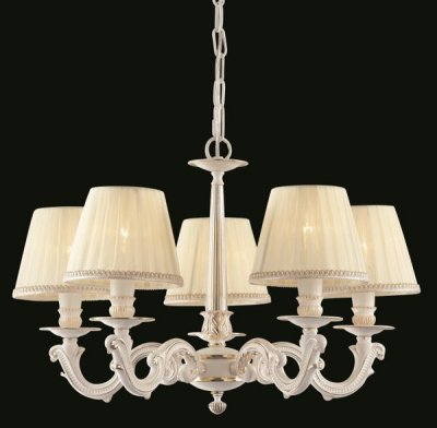 Люстра Maytoni ARM376-05-W Elegant 24 Люстра Maytoni ARM376-05-W Elegant 24Подвесные<br>Выгодная цена и двухлетняя гарантия на подвесную люстру Maytoni ARM376-05-W, это не все достоинства изображенного на фото светильника. Классическая подвесная люстра от компании Майтони помимо невысокой стоимости обладает стильным дизайном и высоким качеством сборки, благодаря чему купить данный светильник можно практически в любую комнату в Вашем доме. Фирма Maytoni изготовила арматуру светильника из металла, окрашенного в цвет белого золота, а её плафоны – из ткани. Люстра использует пять лампочек, мощность каждой из которых составляет 40 ватт.<br><br>Установка на натяжной потолок: Да<br>S освещ. до, м2: 13<br>Крепление: Крюк<br>Тип лампы: накаливания / энергосбережения / LED-светодиодная<br>Тип цоколя: E14<br>Количество ламп: 5<br>MAX мощность ламп, Вт: 40<br>Диаметр, мм мм: 560<br>Длина цепи/провода, мм: 400<br>Высота, мм: 380<br>Цвет арматуры: белый золотистой патиной