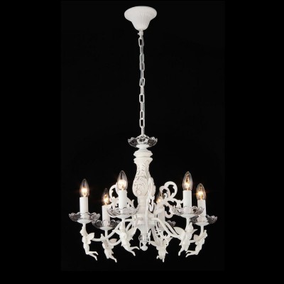 Люстра Maytoni ARM392-06-W Elegant 43 Люстра Maytoni ARM392-06-W Elegant 43Подвесные<br>Эта подвесная люстра фирмы Майтони выполнена в матовом белом цвете. В ее конструкции присутствуют шесть открытых плафонов, в которые установлены специальные лампы «свеча на ветру». Особое великолепие заключается в том, что каждый плафон подвесной люстры Maytoni ARM392-06-W украшен фигуркой ангелка. Все это выглядит невероятно мило и празднично. Центральная штанга, идущая к потолку, имеет плавные, изящные линии. Как видно на фото, она также имеет рифленый, витиеватый рисунок. Покупая это изделие от Maytoni по справедливой стоимости, вы привнесете в свое помещение стиль, шик и обаяние. В цену модели лампочки для плафонов не входят.<br><br>Установка на натяжной потолок: Да<br>S освещ. до, м2: 16<br>Крепление: Крюк<br>Тип лампы: накаливания / энергосбережения / LED-светодиодная<br>Тип цоколя: E14<br>Количество ламп: 6<br>MAX мощность ламп, Вт: 40<br>Диаметр, мм мм: 540<br>Длина цепи/провода, мм: 400<br>Высота, мм: 630<br>Цвет арматуры: белый с золотистой патиной