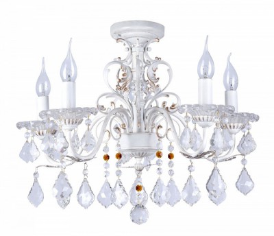 Люстра Maytoni ARM400-05-W Elegant 41 Люстра Maytoni ARM400-05-W Elegant 41Потолочные<br>Хрустальная люстра немецкой компании Maytoni привлекает внимание посетителей магазина своим блеском, исходящим от непередаваемой игры света пяти плафонов и хрустальных подвесок. Невероятные изгибы арматуры хрустальной люстры Maytoni ARM400-05-W придают товару изящество и утонченность. Вы можете лично оценить это, взглянув на фото, расположенное рядом с описанием и ценой прибора от Майтони. Каждый из пяти плафонов выполнен в виде горящей на ветру свечи, что добавляет прибору средневековый шарм. Купить эту люстру вы можете в режиме онлайн на нашем сайте, по стоимости, указанной в карточке товара.<br><br>Установка на натяжной потолок: Да<br>S освещ. до, м2: 20<br>Крепление: Планка<br>Тип лампы: накаливания / энергосбережения / LED-светодиодная<br>Тип цоколя: E14<br>Количество ламп: 5<br>MAX мощность ламп, Вт: 60<br>Диаметр, мм мм: 570<br>Длина цепи/провода, мм: 400<br>Высота, мм: 430<br>Цвет арматуры: белый с золотистой патиной