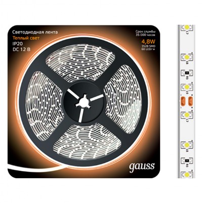 Лента Gauss ЕВ312000105 LED 3528/60-SMD 4.8W 12V DC теплый белый (блистер 5м) Лента Gauss ЕВ312000105 LED 3528/60-SMD 4.8W 12V DC теплый белый (блистер 5м)Интерьерная<br><br><br>Тип лампы: LED - светодиодная<br>Количество ламп: 60 светодиодов на метр<br>MAX мощность ламп, Вт: 4,8
