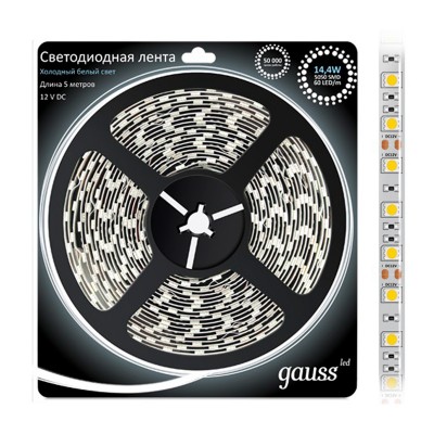 Лента LED 5050/60-SMD 14.4W 12V DC холодный белый (блистер 5м) Лента LED 5050/60-SMD 14.4W 12V DC холодный белый (блистер 5м)Лента 5050<br><br><br>Тип лампы: LED - светодиодная<br>MAX мощность ламп, Вт: 14,4