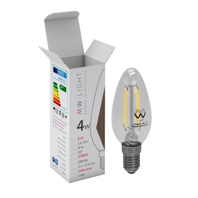 Светодиодная лампа Mw light LBMW14C01 FILAMENT Светодиодная лампа Mw light LBMW14C01 FILAMENTВ виде свечи<br>В интернет-магазине «Светодом» можно купить не только люстры и светильники, но и лампочки. В нашем каталоге представлены светодиодные, галогенные, энергосберегающие модели и лампы накаливания. В ассортименте имеются изделия разной мощности, поэтому у нас Вы сможете приобрести все необходимое для освещения. Лампа Mw-light LBMW14C01 обеспечит отличное качество освещения. При покупке ознакомьтесь с параметрами в разделе «Характеристики», чтобы не ошибиться в выборе. Там же указано, для каких осветительных приборов Вы можете использовать лампу Mw-light LBMW14C01Mw-light LBMW14C01. Для оформления покупки воспользуйтесь «Корзиной». При наличии вопросов Вы можете позвонить нашим менеджерам по одному из контактных номеров. Мы доставляем заказы в Москву, Екатеринбург и другие города России.<br><br>Цветовая t, К: WW - теплый белый 2700-3000 К<br>Тип лампы: LED - светодиодная<br>Тип цоколя: E14<br>MAX мощность ламп, Вт: 4<br>Диаметр, мм мм: 35<br>Высота, мм: 112<br>Общая мощность, Вт: 4