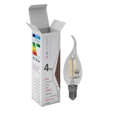 Светодиодная лампа Mw light LBMW14CA01 FILAMENT Светодиодная лампа Mw light LBMW14CA01 FILAMENTВ виде свечи<br>В интернет-магазине «Светодом» можно купить не только люстры и светильники, но и лампочки. В нашем каталоге представлены светодиодные, галогенные, энергосберегающие модели и лампы накаливания. В ассортименте имеются изделия разной мощности, поэтому у нас Вы сможете приобрести все необходимое для освещения. Лампа Mw-light LBMW14CA01 обеспечит отличное качество освещения. При покупке ознакомьтесь с параметрами в разделе «Характеристики», чтобы не ошибиться в выборе. Там же указано, для каких осветительных приборов Вы можете использовать лампу Mw-light LBMW14CA01Mw-light LBMW14CA01. Для оформления покупки воспользуйтесь «Корзиной». При наличии вопросов Вы можете позвонить нашим менеджерам по одному из контактных номеров. Мы доставляем заказы в Москву, Екатеринбург и другие города России.<br><br>Тип товара: Светодиодная лампа<br>Цветовая t, К: WW - теплый белый 2700-3000 К<br>Тип лампы: LED - светодиодная<br>Тип цоколя: E14<br>MAX мощность ламп, Вт: 4<br>Диаметр, мм мм: 35<br>Высота, мм: 112<br>Общая мощность, Вт: 4