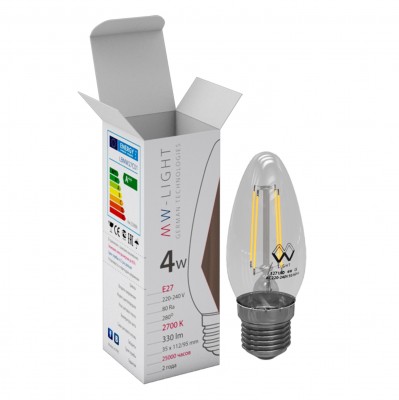 Светодиодная лампа Mw light LBMW27C01 FILAMENT Светодиодная лампа Mw light LBMW27C01 FILAMENTВ виде свечи<br>В интернет-магазине «Светодом» можно купить не только люстры и светильники, но и лампочки. В нашем каталоге представлены светодиодные, галогенные, энергосберегающие модели и лампы накаливания. В ассортименте имеются изделия разной мощности, поэтому у нас Вы сможете приобрести все необходимое для освещения. Лампа Mw-light LBMW27C01 обеспечит отличное качество освещения. При покупке ознакомьтесь с параметрами в разделе «Характеристики», чтобы не ошибиться в выборе. Там же указано, для каких осветительных приборов Вы можете использовать лампу Mw-light LBMW27C01Mw-light LBMW27C01. Для оформления покупки воспользуйтесь «Корзиной». При наличии вопросов Вы можете позвонить нашим менеджерам по одному из контактных номеров. Мы доставляем заказы в Москву, Екатеринбург и другие города России.<br><br>Цветовая t, К: WW - теплый белый 2700-3000 К<br>Тип лампы: LED - светодиодная<br>Тип цоколя: E27<br>MAX мощность ламп, Вт: 4<br>Диаметр, мм мм: 35<br>Высота, мм: 112<br>Общая мощность, Вт: 4
