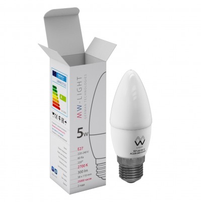 Светодиодная лампа Mw light LBMW27C02 SMD Светодиодная лампа Mw light LBMW27C02 SMDВ виде свечи<br>В интернет-магазине «Светодом» можно купить не только люстры и светильники, но и лампочки. В нашем каталоге представлены светодиодные, галогенные, энергосберегающие модели и лампы накаливания. В ассортименте имеются изделия разной мощности, поэтому у нас Вы сможете приобрести все необходимое для освещения. Лампа Mw-light LBMW27C02 обеспечит отличное качество освещения. При покупке ознакомьтесь с параметрами в разделе «Характеристики», чтобы не ошибиться в выборе. Там же указано, для каких осветительных приборов Вы можете использовать лампу Mw-light LBMW27C02Mw-light LBMW27C02. Для оформления покупки воспользуйтесь «Корзиной». При наличии вопросов Вы можете позвонить нашим менеджерам по одному из контактных номеров. Мы доставляем заказы в Москву, Екатеринбург и другие города России.<br><br>Цветовая t, К: WW - теплый белый 2700-3000 К<br>Тип лампы: LED - светодиодная<br>Тип цоколя: E27<br>MAX мощность ламп, Вт: 5<br>Диаметр, мм мм: 38<br>Высота, мм: 110<br>Общая мощность, Вт: 5