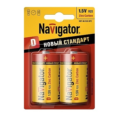 Батарейка D Navigator 94 769 NBT-NS-R20-BP2 Батарейка D Navigator 94 769 NBT-NS-R20-BP2Большие круглые D<br>Описание. Солевая батарейка, обеспечивающая длительную стабильную работу приборов со средним и низким энергопотреблением.<br> Область применения. Используется во множестве электронных приборов, например, дистанционный пульт управления телевизором, фонарь, детская игрушка, часы, фотоаппарат и т.д.<br> Преимущества. Высокая производительность и длительное электропитание – элементы питания изготовлены в соответствии с самыми современными технологиями с использованием высокоэффективных материалов. Высокая надёжность и качество исполнения – батарейки проходят строгий контроль качества на каждом этапе производства, изготовлены с применением высококачественных компонентов. Экологичность – батарейки отвечают всем требованиям экологической безопасности и не содержат ртуть и кадмий. Яркий оригинальный дизайн. Удобная и качественная упаковка.<br> Технические характеристики: Типоразмер D, Электрохимическая система солевая, Напряжение 1,5 В, Срок предэксплуатационного хранения 3 года, Диапазон рабочих температур от –30°C до +60°C, Количество в упаковке 2 шт<br><br>Тип товара: Элементы питания