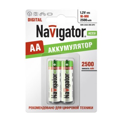 Аккумулятор AA Navigator 94 464 NHR-2500Mh (2шт) Аккумулятор AA Navigator 94 464 NHR-2500Mh (2шт)Аккумуляторные<br>Ni-MH аккумулятор Navigator - эффективный источник энергии многоразового действия. Аккумуляторы Navigator используются для накопления энергии и автономного питания различных устройств. Особенно, аккумуляторы Navigator эффективны в современных цифровых устройствах: MP3 плеер, радиоуправляемая игрушка, цифровой фотоаппарат, геймпад и т.д.<br>Основные характеристики аккумуляторов Navigator<br><br>Тип аккумулятора – Никель - Металлогидридный (Ni-MH),<br>Эффективный источник энергии,<br>Количество циклов заряд/разряд – 1000 ,<br>Диапазон рабочих температур от – 30?C до +40?C<br><br> <br>Преимущества аккумуляторов Navigator<br><br>Реальная емкостьАккумуляторы Navigator строго соответствуют заявленной емкости<br>Эффективность Аккумуляторы Navigator обладают высоким – порядка 90 % - Энергетическим и Емкостным КПД<br>Максимальная ЭНЕРГООТДАЧААккумулятор Navigator обладает низким внутренним сопротивлением (импедансом) – ?25 мОм, что обеспечивает неограниченный ток в нагрузку. В следствии чего, аккумулятор Navigator способен отдать всю накопленную в нем энергию в течение короткого промежутка времени<br>ЭкономичностьОдин Аккумулятор Navigator заменяет 1000 обычных батареек<br>ТехнологичностьАккумуляторы Navigator изготавливаются на высокотехнологичном производстве с использованием самых современных технологий<br>ДизайнАккумуляторы Navigator обладают лаконичным и ярким дизайном, что выгодно выделяет данный продукт на полке среди конкурентов<br>УпаковкаАккумуляторы Navigator обладают удобной и качественной упаковкой.<br><br>Тип товара: Аккумулятор