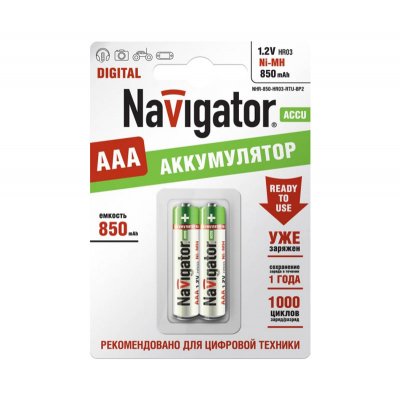 Аккумулятор AAA Navigator 94 784 NHR-850Mh (2шт) Аккумулятор AAA Navigator 94 784 NHR-850Mh (2шт)Аккумуляторные<br>Ni-MH аккумулятор Navigator - эффективный источник энергии многоразового действия. Аккумуляторы Navigator используются для накопления энергии и автономного питания различных устройств. Особенно, аккумуляторы Navigator эффективны в современных цифровых устройствах: MP3 плеер, радиоуправляемая игрушка, цифровой фотоаппарат, геймпад и т.д.<br>Основные характеристики аккумуляторов Navigator<br><br>Тип аккумулятора – Никель - Металлогидридный (Ni-MH),<br>Эффективный источник энергии,<br>Количество циклов заряд/разряд – 1000 ,<br>Диапазон рабочих температур от – 30<br>