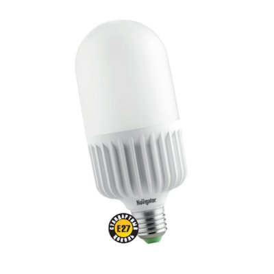 Светодиодная лампа Led Navigator 94 340 NLL-T105-50W-230-4K-E40 Светодиодная лампа Led Navigator 94 340 NLL-T105-50W-230-4K-E40Стандартный вид<br>Navigator NLL-T – светодиодная энергосберегающая лампа общего освещения. Колба лампы цилиндрическая, матовая. Лампа NLL-T обеспечивает высокий световой поток при малых габаритных размерах и может использоваться для замены высокомощных компактных люминесцентных ламп и стандартных лампа накаливания. <br><br><br>Высокоэффективные планарные светодиоды Osram, Ragt; 80 80 Лм/Вт<br>Цилиндрический радиатор, состоящий из композитного материала на основе алюминия и пластика, способствует более эффективному снижению температуры внутри лампы и, как следствие, увеличению срока ее службы<br>Специальная конструкция лампы обеспечивает угол рассеивания света в 270 градусов<br>Срок службы 40 000 часов<br><br>Цветовая t, К: CW - холодный белый 4000 К<br>Тип лампы: LED - светодиодная<br>Тип цоколя: E40<br>Цвет арматуры: алюминиевый радиатор<br>Диаметр, мм мм: 105<br>Длина, мм: 250<br>MAX мощность ламп, Вт: 50