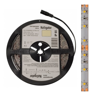 СД Лента Navigator 71 762 NLS-3528СW60-4.8-IP20-12V R5 СД Лента Navigator 71 762 NLS-3528СW60-4.8-IP20-12V R5Лента 3528<br>Navigator NLS-3528 — светодиодная лента, сконструированная на базе высокоэффективных планарных светодиодов Epistar в корпусе 3528. Лента выпускается на гибкой печатной плате белого цвета шириной 8 мм и поставляется в роллах по 5 м. Каждый ролл с лентой NLS-3528- 4.8 укомплектован проводом с разъемомом «джек». Эффективность светодиодной ленты белого света серии NLS-3528 составляет более 60 лм/ Вт. Ассортимент светодиодных лент Navigator NLS-3528 представлен мощностями 4.8 и 9.6 Вт на 1 метр. СД лента NLS-3528 представлена в холодном белом 4000К, дневном белом 6000К, зеленом, синем, красном и желтом цветах. Лента в белом цвете представлена с классами защиты от пыли и влаги IP20 и IP65. Цветная лента представлена в классе IP65. Диапазон рабочих температур окружающей среды от -25 до +60 ?С. Срок службы светодиодной ленты NLS-3528 составляет 50 000 часов. Напряжение питания 12 В DC.<br><br>Цветовая t, К: 6000<br>Тип лампы: LED - светодиодная<br>Количество ламп: 60LED/м<br>Ширина, мм: 8<br>MAX мощность ламп, Вт: 4.8Вт/м