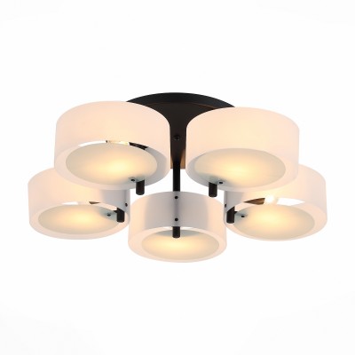 Светильник потолочный St luce SL483.402.05 Светильник потолочный St luce SL483.402.05Потолочные<br>Смелый и нестандартный дизайн светильников коллекции Foresta позволяет им гармонично вписаться в современные интерьеры в стиле модерн, хай-тек, минимализм. Холодный блеск хромированного металла в люстрах этой коллекции успешно сочетается с белым матовым стеклом и цветными акриловыми деталями абажуров. Использование акрила в изготовлении светильников это современная тенденция в оформлении интерьера. Акрил и матовое стекло хорошо пропускают свет, и он мягко распространяется в пространстве.<br><br>Установка на натяжной потолок: Да<br>S освещ. до, м2: 20<br>Крепление: Планка<br>Тип лампы: накаливания / энергосбережения / LED-светодиодная<br>Тип цоколя: E27<br>Количество ламп: 5<br>Ширина, мм: 720<br>MAX мощность ламп, Вт: 60<br>Диаметр, мм мм: 720<br>Длина, мм: 720<br>Высота, мм: 200<br>Цвет арматуры: черный