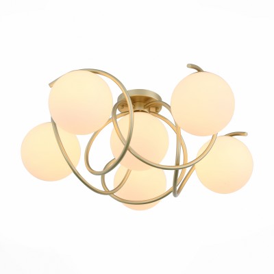 Люстра потолочная St luce SL711.202.06 Люстра потолочная St luce SL711.202.06Потолочные<br>Плавно извивающееся линии металлического основания разного цвета и белые сферические плафоны из матового стекла- стильный дуэт в исполнении моделей коллекции Acini. Изящные легкие формы и уникальность дизайна позволяют светильникам Acini стать достойным украшением современного интерьера зала, гостиной, спальни, оформленных в стиле модерн или неоклассики.<br><br>Установка на натяжной потолок: Да<br>S освещ. до, м2: 18<br>Крепление: Планка<br>Тип лампы: накаливания / энергосбережения / LED-светодиодная<br>Тип цоколя: E27<br>Количество ламп: 6<br>MAX мощность ламп, Вт: 60<br>Диаметр, мм мм: 780<br>Высота, мм: 300<br>Цвет арматуры: золотой