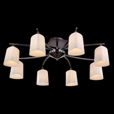Люстра Maytoni TOC005-08-N Eurosize 5 Люстра Maytoni TOC005-08-N Eurosize 5Потолочные<br>Немецкая компания Майтони снова радует наших посетителей появлением в ассортименте новой потолочной люстры, состоящей, как видно на фото, из восьми плафонов. Каждый из них располагается на отдельном металлическом рожке, которые в целом создают подобие солнечных лучей, исходящих от центральной крепежной арматуры. Сочетание цветов «хром» и «темный венге», а также узорных белых плафонов, позволило дизайнерам Maytoni создать ультрасовременную потолочную люстру Maytoni TOC005-08-N. Этот факт позволит вам без колебаний купить прибор в одну из комнат своей квартиры или дома, при этом и цена его только подтверждает правильность выбора. Восемь лампочек, которые не вошли в стоимость комплекта, вы сможете заказать в нашем магазине.<br><br>Установка на натяжной потолок: Да<br>S освещ. до, м2: 32<br>Крепление: Планка<br>Тип лампы: накаливания / энергосбережения / LED-светодиодная<br>Тип цоколя: E14<br>Количество ламп: 8<br>MAX мощность ламп, Вт: 60<br>Диаметр, мм мм: 849<br>Высота, мм: 300<br>Цвет арматуры: серебристый