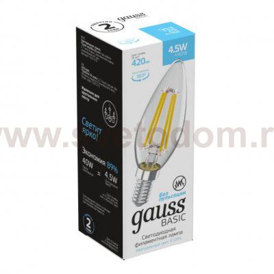 Лампа Gauss Basic Filament Свеча 4,5W 420lm 4100К Е14 LED (1031215)