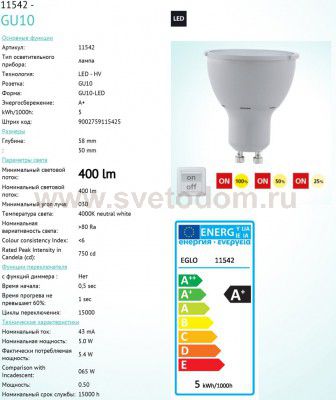 Лампа светодиодная 3 шага диммирования COB Eglo 11542