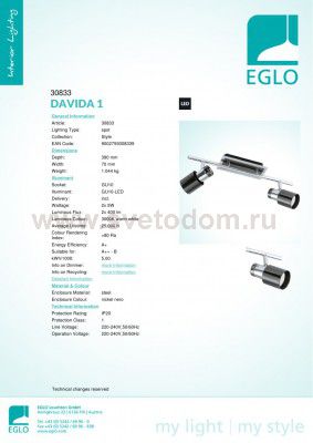 Светильник поворотный спот Eglo 30833 DAVIDA 1