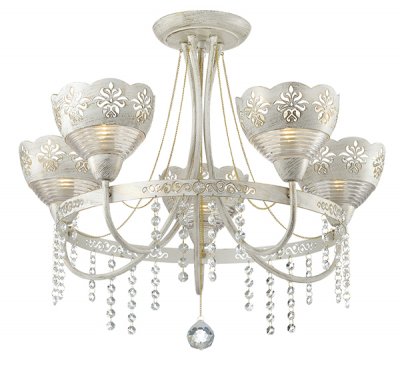 Люстра потолочная Odeon light 3141/5C ERSILIA Люстра потолочная Odeon light 3141/5C ERSILIAПотолочные<br>Отличный вариант домашнего освещения Odeon light Люстра потолочная 3141/5C серии ERSILIA оформлена в классическом стиле. Люстра состоит из оригинальных плафонов, выполненных из стекла с тиснением и металлической части с ажурным узором, и арматуры нежного белого с золотой патиной цвета, щедро украшенной подвесками из хрусталя. Данная модель обладает пышной роскошью, не теряя при этом элегантную сдержанность. Цоколь E14. Мощность 5*40W. Нет ламп в комплекте.<br><br>S освещ. до, м2: 10<br>Тип цоколя: E14<br>Количество ламп: 5<br>Ширина, мм: 660<br>MAX мощность ламп, Вт: 40<br>Длина, мм: 660<br>Высота, мм: 400<br>Цвет арматуры: белый с золотой патиной