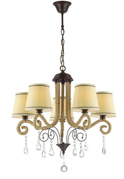 Люстра Odeon light 3259/5 HORTE Люстра Odeon light 3259/5 HORTEПодвесные<br>Отличный вариант домашнего освещения Odeon light Люстра 3259/5 серии HORTE оформлена в классическом стиле. Люстра состоит тканевых абажуров с декоративной тесьмой и арматурой цвета кофе, декорированной канатными нитями и хрустальными подвесками. В данной модели брутальность дополняется женстрвенностью и изящностью. Цоколь E14. Мощность 5*60W. Нет ламп в комплекте.<br><br>Установка на натяжной потолок: Да<br>S освещ. до, м2: 15<br>Тип цоколя: E14<br>Количество ламп: 5<br>Ширина, мм: 620<br>MAX мощность ламп, Вт: 60<br>Длина цепи/провода, мм: 410<br>Длина, мм: 620<br>Высота, мм: 550<br>Цвет арматуры: кофе коричневый